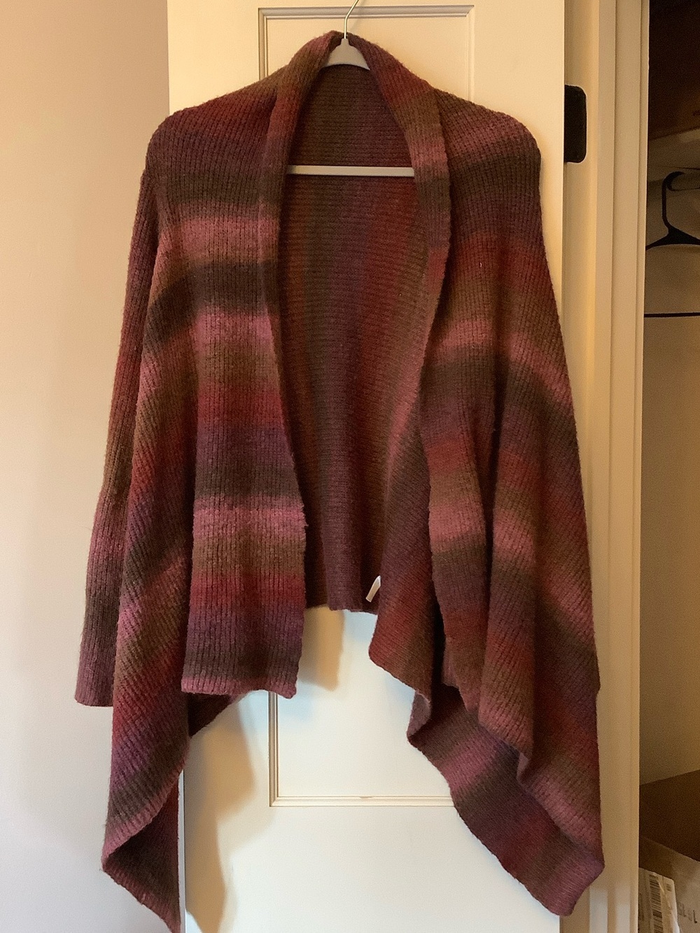 Fashion Bug Mauve and Olive Striped Open-Front Poncho Sweater